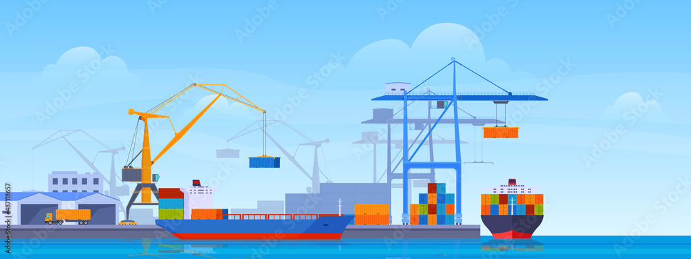 Sea port horizontal banner vector flat industrial cargo ships and containers work with crane - obrazy, fototapety, plakaty 