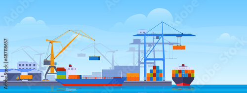 Leinwand Poster Sea port horizontal banner vector flat industrial cargo ships and containers wor