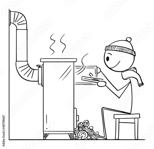 Person Sitting in Front of Small Wood Stove or Heater, Vector Cartoon Stick Figure Illustration