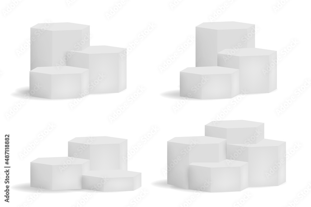3d white square and round podium platforms for product showroom. Geometrical 3d round and square empty podium decent vector templates collection isolated