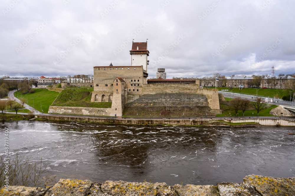 Narva fortress. View from the Ivangorod fortress wall to Narva and the bridge. fortress courtyard