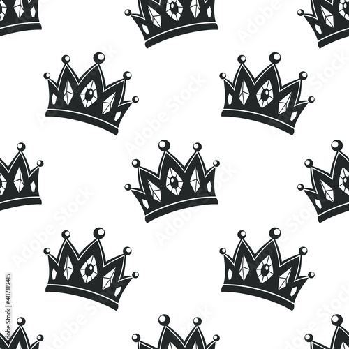 Seamless background with crown. Crown with precious stones in the style of engraving. A symbol of power. The crown of a monarch, religious leader, emperor or tsar.