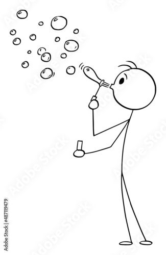 Person Blowing Soap Bubbles, Vector Cartoon Stick Figure Illustration