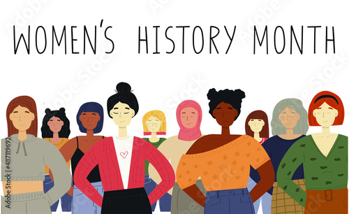 Women's History Month concept. A group of women of different race. Celebrated annualy in march.