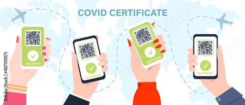 Hands with phone digital covid 19 certificate, vaccine green pass. Template for tourist electronic passports without coronavirus.