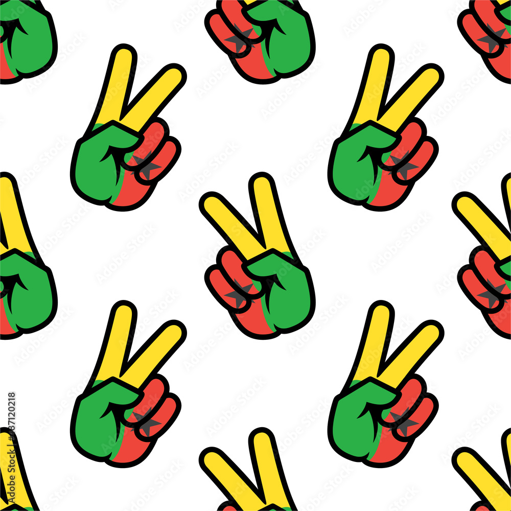 Fototapeta premium Guinea-Bissau flag in the form of a peace sign. Seamless background. Gesture V victory sign, patriotic sign, icon for apps, websites, T-shirts, souvenirs, etc., isolated on white background