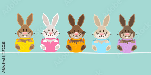 5 Osterhasen In Eierschale Sitzend Türkis