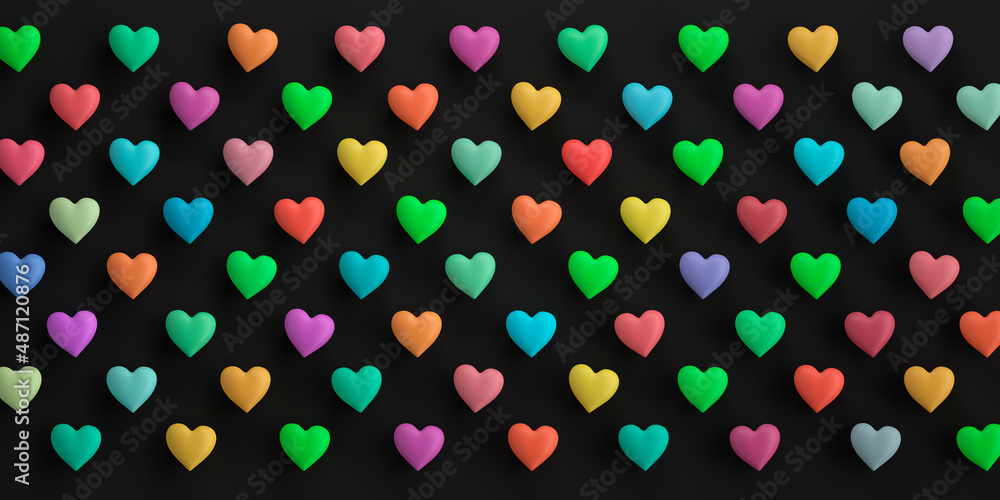 Pattern made of colored hearts on dark background - 3D illustration