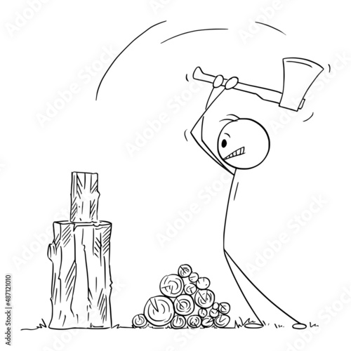 Lumberjack Chopping Wood with Ax, Vector Cartoon Stick Figure Illustration