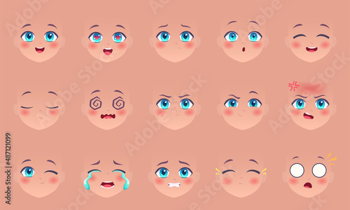 Anime faces. Manga eyes nose and lips funny expressions cartoon kawaii comic faces characters exact vector creation kit