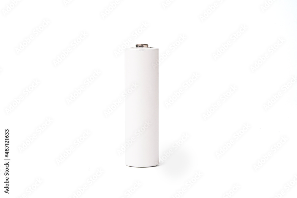 Isolated of one white alkaline battery AA size on white background with clipping path , Carbon zinc for one time use and rechargeable battery , Clipping path. Isolated of one white alkaline battery AA size on white background with clipping path , Carbon zinc for one time use and rechargeable battery , Clipping path.