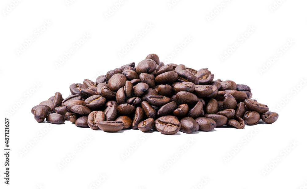 Close up isolate of roasted shiny coffee beans heap on white background and clipping path, Coffee is caffeine and popular beverage concept. Close up isolate of roasted shiny coffee beans heap on white background and clipping path, Coffee is caffeine and popular beverage concept.