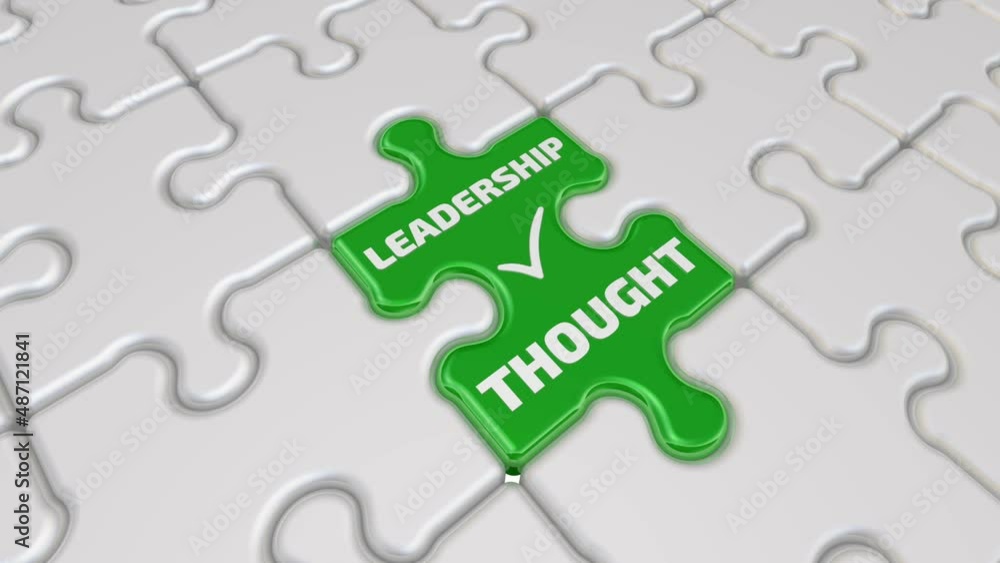 Leadership thought. Final piece of the puzzle. Folded white puzzles elements and one final green piece of the puzzle with text LEADERSHIP THOUGHT and a check mark. Footage video Leadership thought. Final piece of the puzzle. Folded white puzzles elements and one final green piece of the puzzle with text LEADERSHIP THOUGHT and a check mark. Footage video