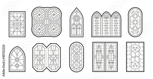 Gothic windows. Vertical geometrical big window frames with catholic mosaic decoration garish vector illustrations set