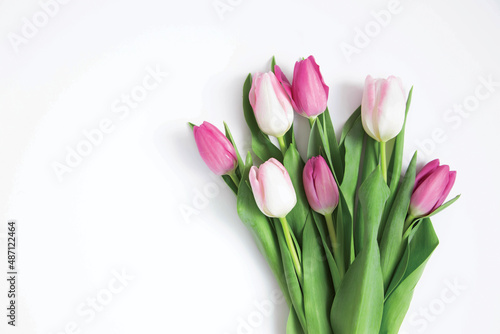 Bouquet of pink and white tulips on a white background