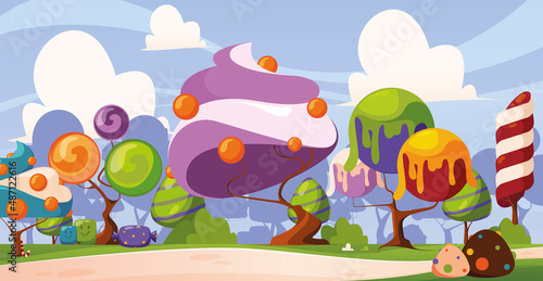 Sweets background. Delicious landscape with fantasy sugar trees from caramel and cream cake buildings garish vector colored cartoon illustration