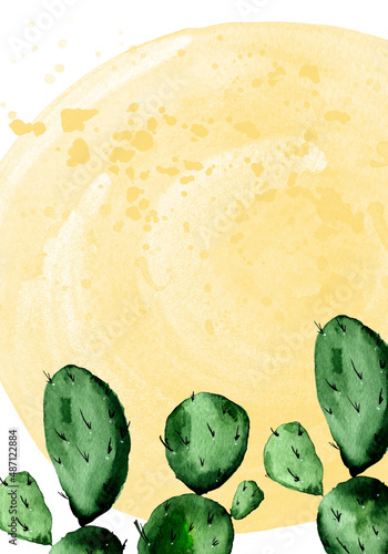 Cactus tropical yellow spot and splatter vertical watercolor background. Template for decorating designs and illustrations.	
