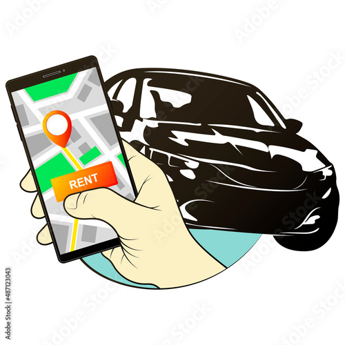 Phone in hand looking for car rental. Search for carsharing online on the Internet