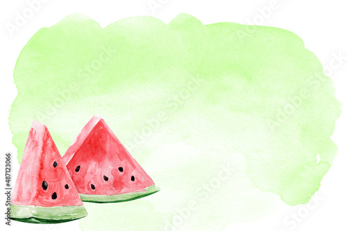 Watermelon slices background watercolor green. Template for decorating designs and illustrations.	
