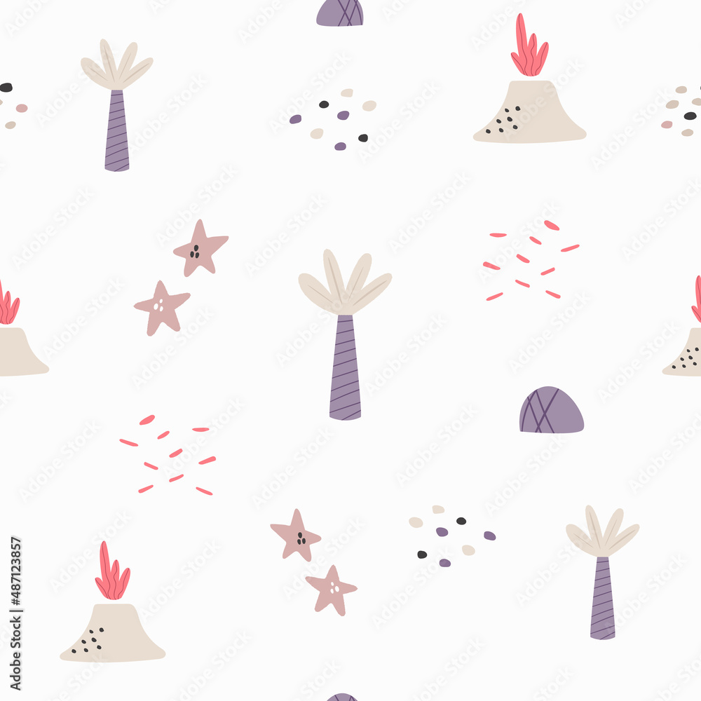 Obraz premium Abstract seamless pattern with hand drawn elements palm, volcano, stars.