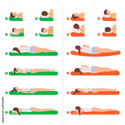 Body lying poses. Girl sleeping on sofa medical anatomical mattress for correct body position recent vector infographic pictures set