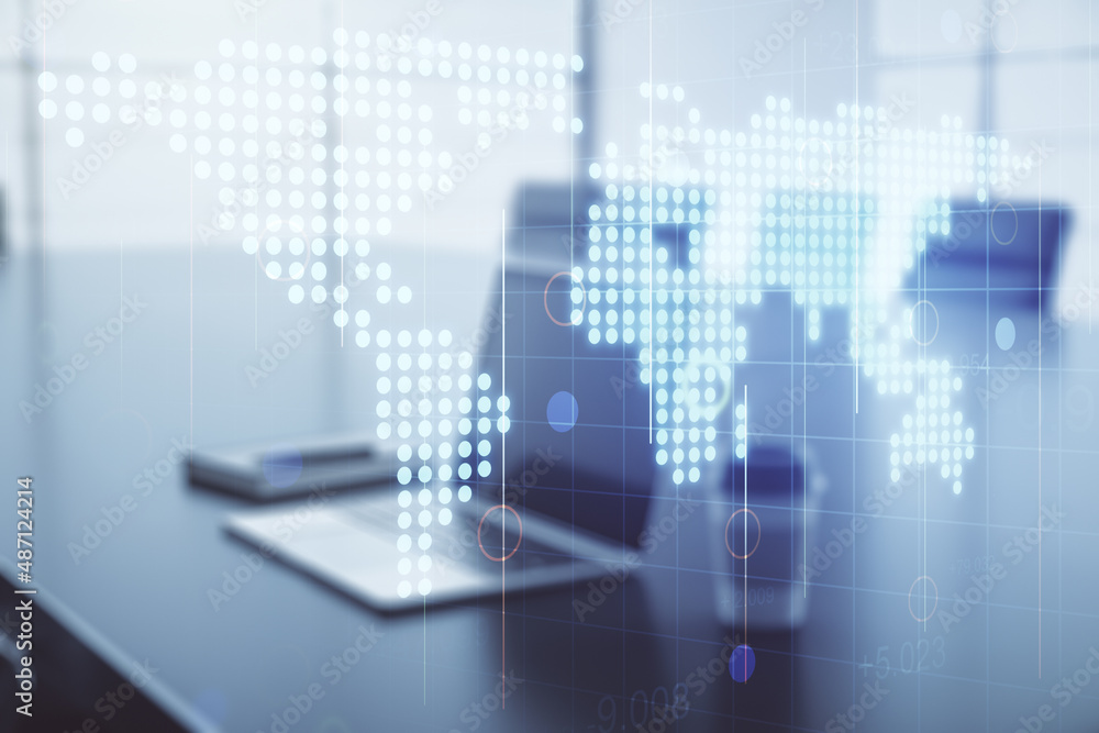 Double exposure of abstract digital world map on computer background, big data and blockchain concept Double exposure of abstract digital world map on computer background, big data and blockchain concept