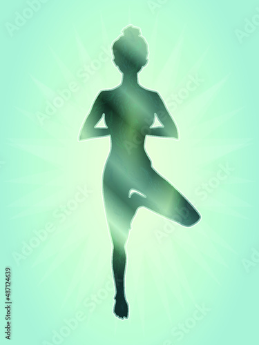 Silhouette of woman doing yoga, tree pose, vrksasana, vector illustration