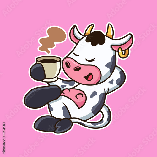Cute cow relax with coffee cartoon. Animal vector icon illustration, isolated on premium vector
