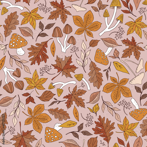 Autumn fallen leaves Fall Mushrooms vector seamless pattern. Boho forest leaf litter toadstool background. Groovy Halloween woodland surface design.