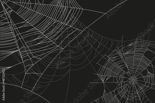 Spider web parts isolated on black background. Scary cobweb outline decor. Vector design elements for Halloween, horror, ghost or monster party, invitation and posters.
