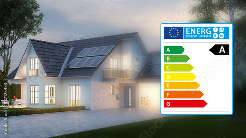 Eigenheim mit Energie Label Grafik als Effizienz Konzept photo
