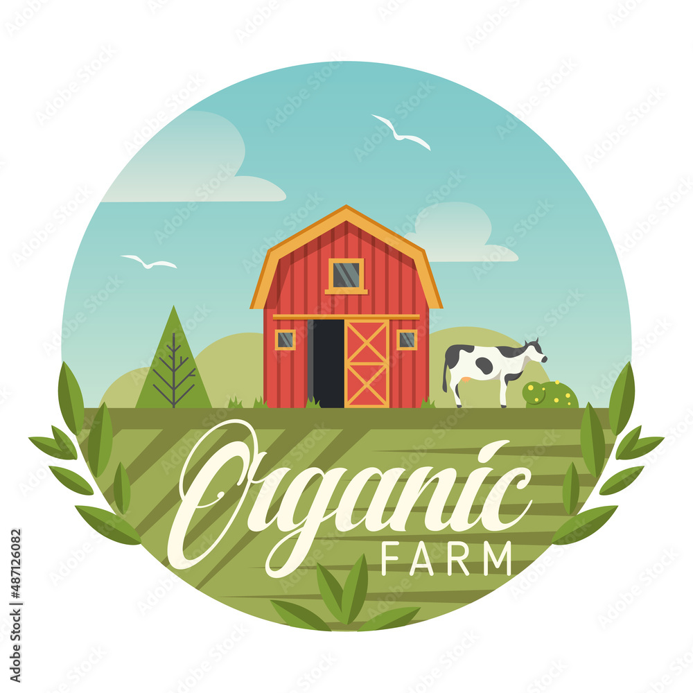 Farm organic agriculture, barn and cow on field