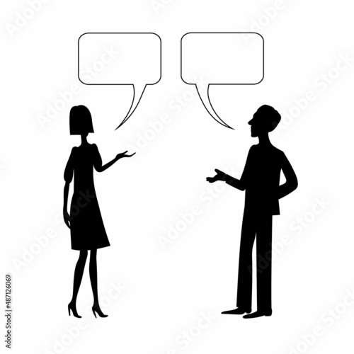 Man and woman are talking. Vector drawing silhouette.