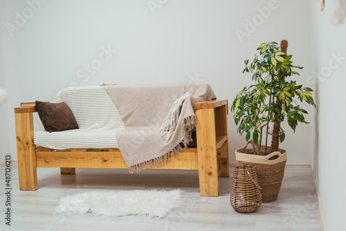 Scandinavian style wooden sofa with plaid and pillows. Indoor plants in the interior.