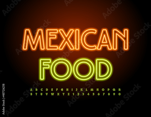 Vector glowing logo Mexican Food. Neon bright Font. Modern electric Alphabet Letters and Numbers set