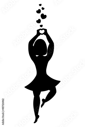 Young woman and heart symbol. Silhouette. Love gesture with hands. The girl folds her palms in her heart. Vector illustration. Hearts fly. Lady in a dress with a fluffy skirt. Isolated background. 