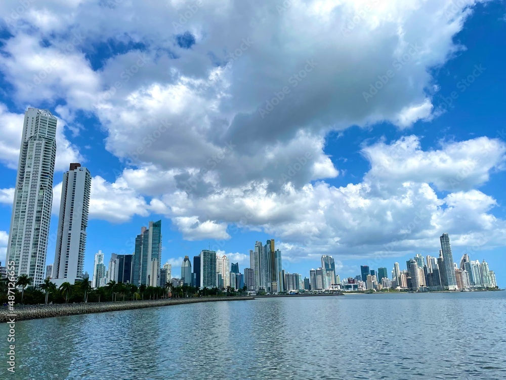 Colorful panoramic view of Panama City with high skyscrapers and buildings on coastline, Panama