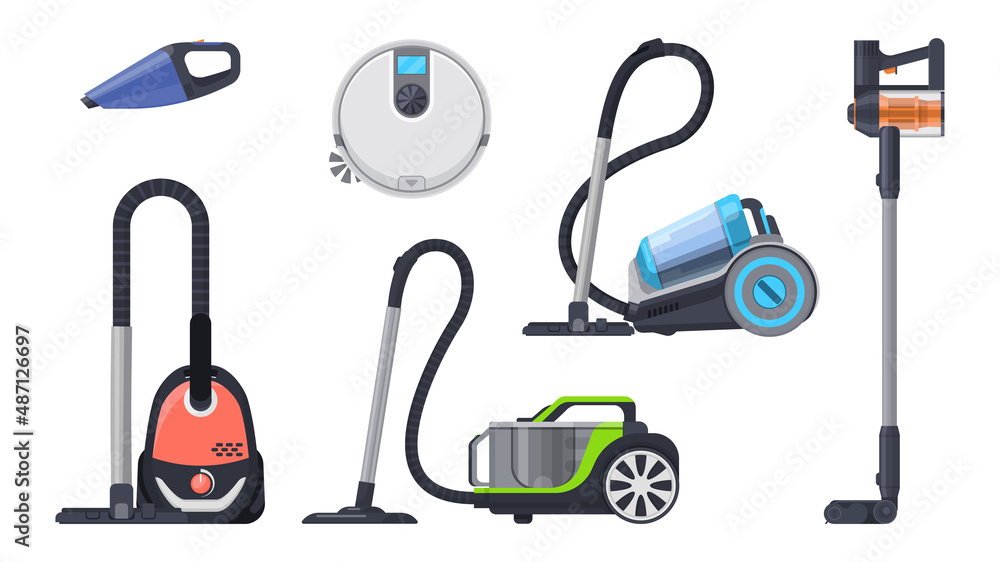 Fototapeta premium Vacuum cleaners, electric robot and dust hoovers