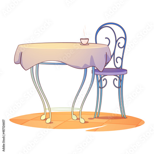 Table and restaurant chair in cafe with coffee cup
