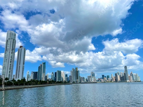 Colorful panoramic view of Panama City with high skyscrapers and buildings on coastline, Panama