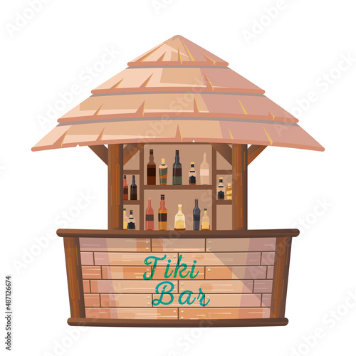 Tiki bar or beach hut with summer party cocktails