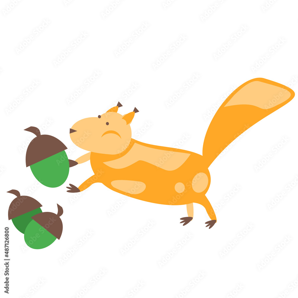 Vector illustration of a red cartoon squirrel stacking nuts. The squirrel collects food. A squirrel with a fluffy tail. isolated. Vector illustration of a red cartoon squirrel stacking nuts. The squirrel collects food. A squirrel with a fluffy tail. isolated.