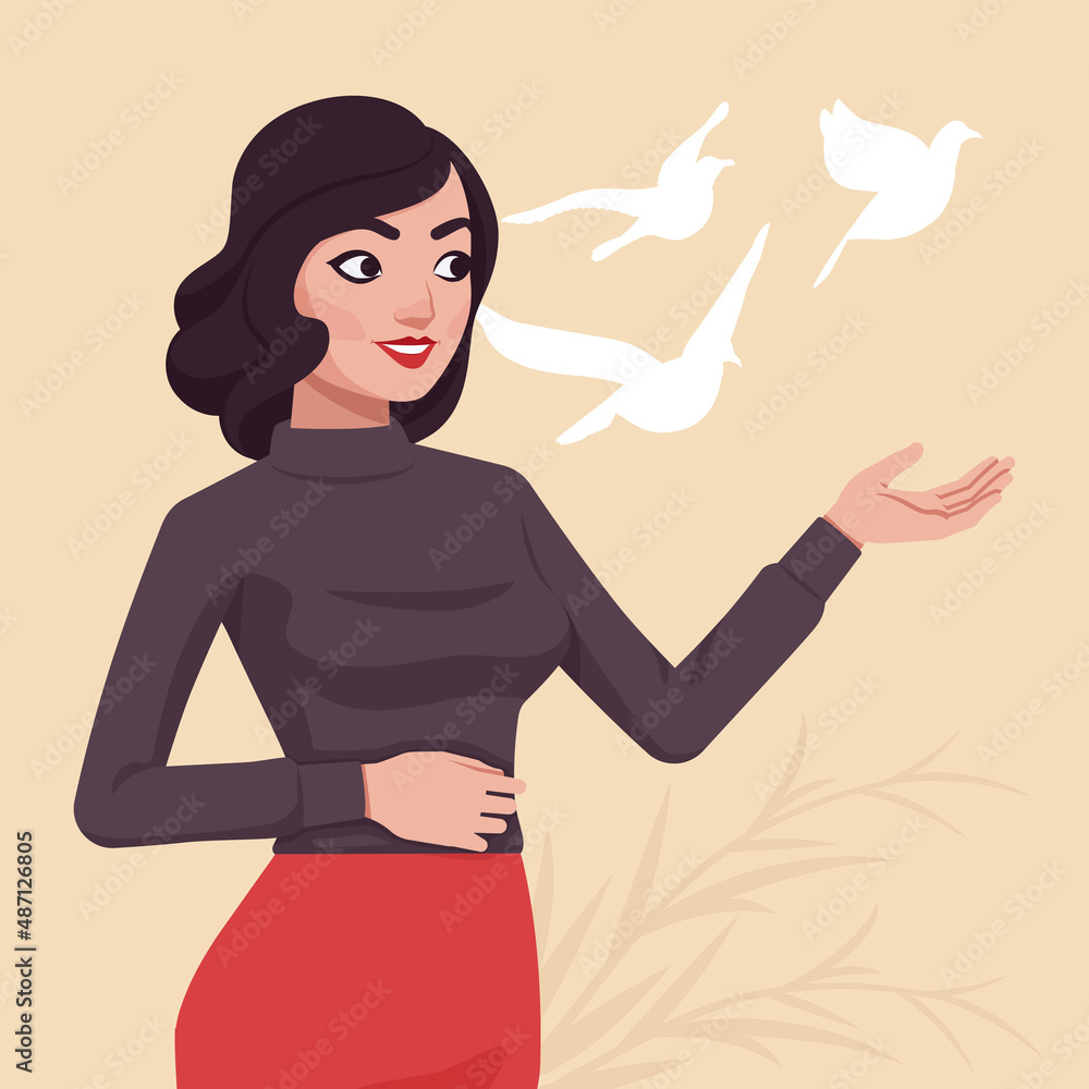 Beautiful business lady, elegant businesswoman, female executive at presentation. Smart modern female social media profile picture. Vector flat style creative illustration, beige, birds fly background Beautiful business lady, elegant businesswoman, female executive at presentation. Smart modern female social media profile picture. Vector flat style creative illustration, beige, birds fly background