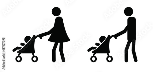 Baby stroller or buggy. Walk for taking care of children. Cartoon vector Baby carriage icon or symbol. Pushchair pictogram. Man or woman walking. Boy or girl.