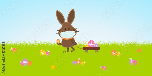 Osterhase Maske Handwagen Wiese Ostereier