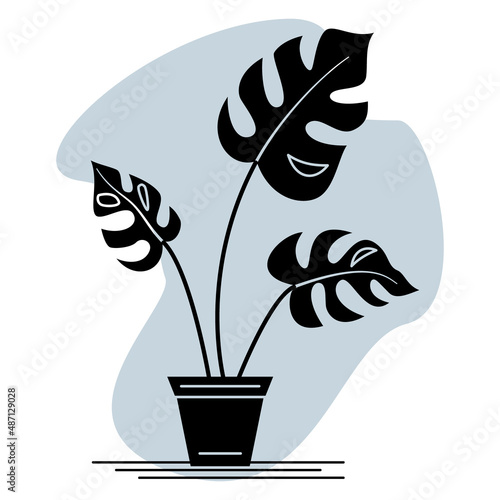Potted houseplant. Monstera, three leaves with a slit on a thin stem. A plant in a flower pot for home, office, greenhouse. Vector icon, glyph, abstract gray background, isolated