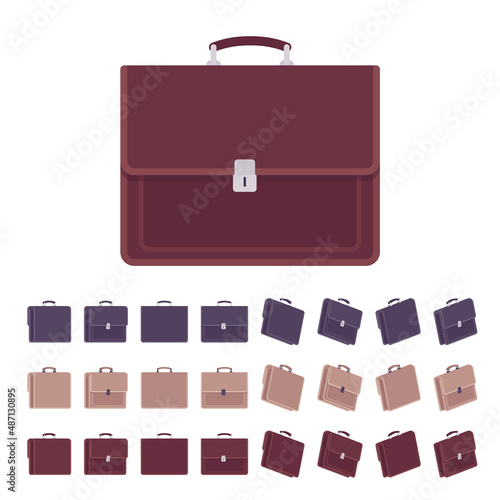 Briefcase business bag set, classics leather mens office accessory. Key lock, luxury handbag. Vector flat style cartoon illustration isolated, white background, different colors, views and position