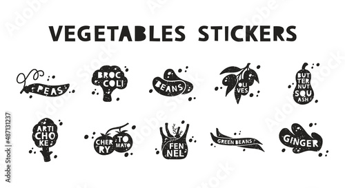 Vegetables, grunge stickers set. Peas, broccoli, beans, olives, artichoke, tomato, fennel, ginger, squash. Black texture silhouette, lettering inside. Imitation of stamp with scuffs
