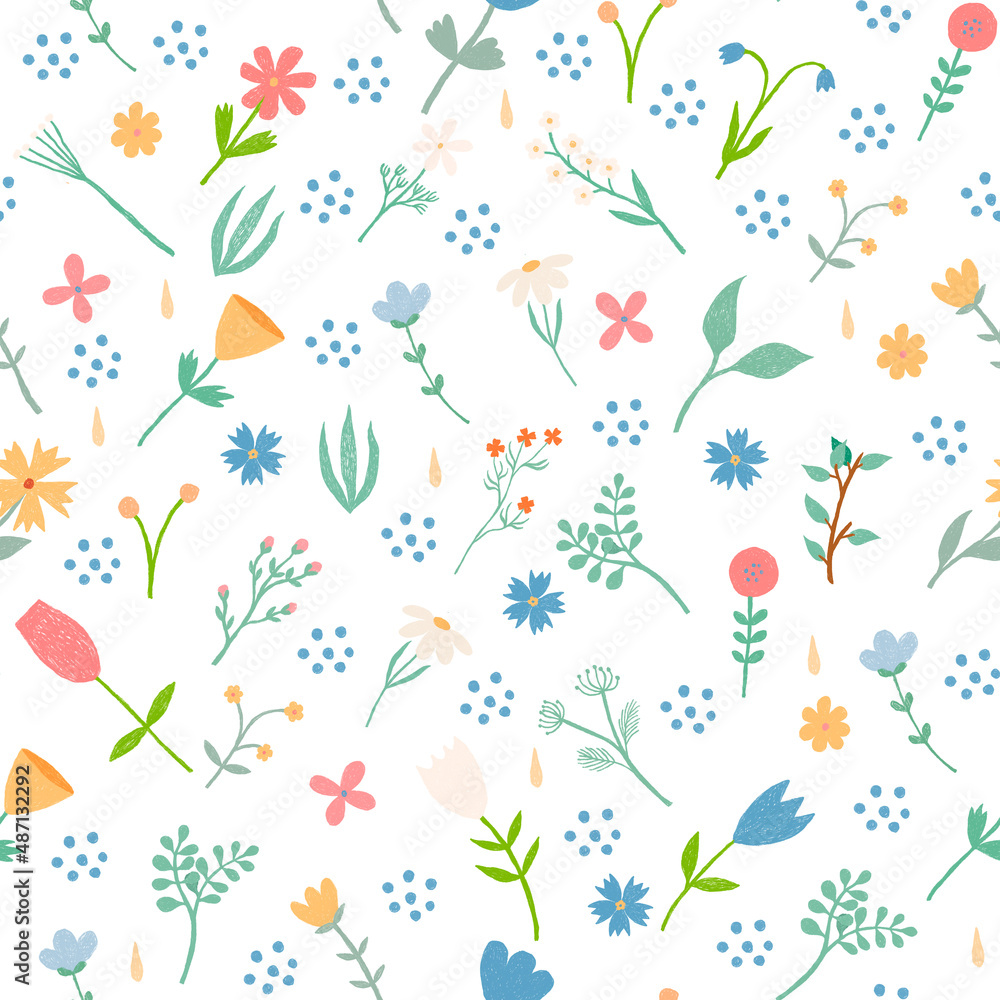 Seamless floral pattern with branches, berries and leaves. Creative pencil drawn blooming texture. Great for fabric, textile Seamless floral pattern with branches, berries and leaves. Creative pencil drawn blooming texture. Great for fabric, textile