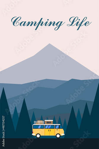 Camping by a camp van in a forest campsite.